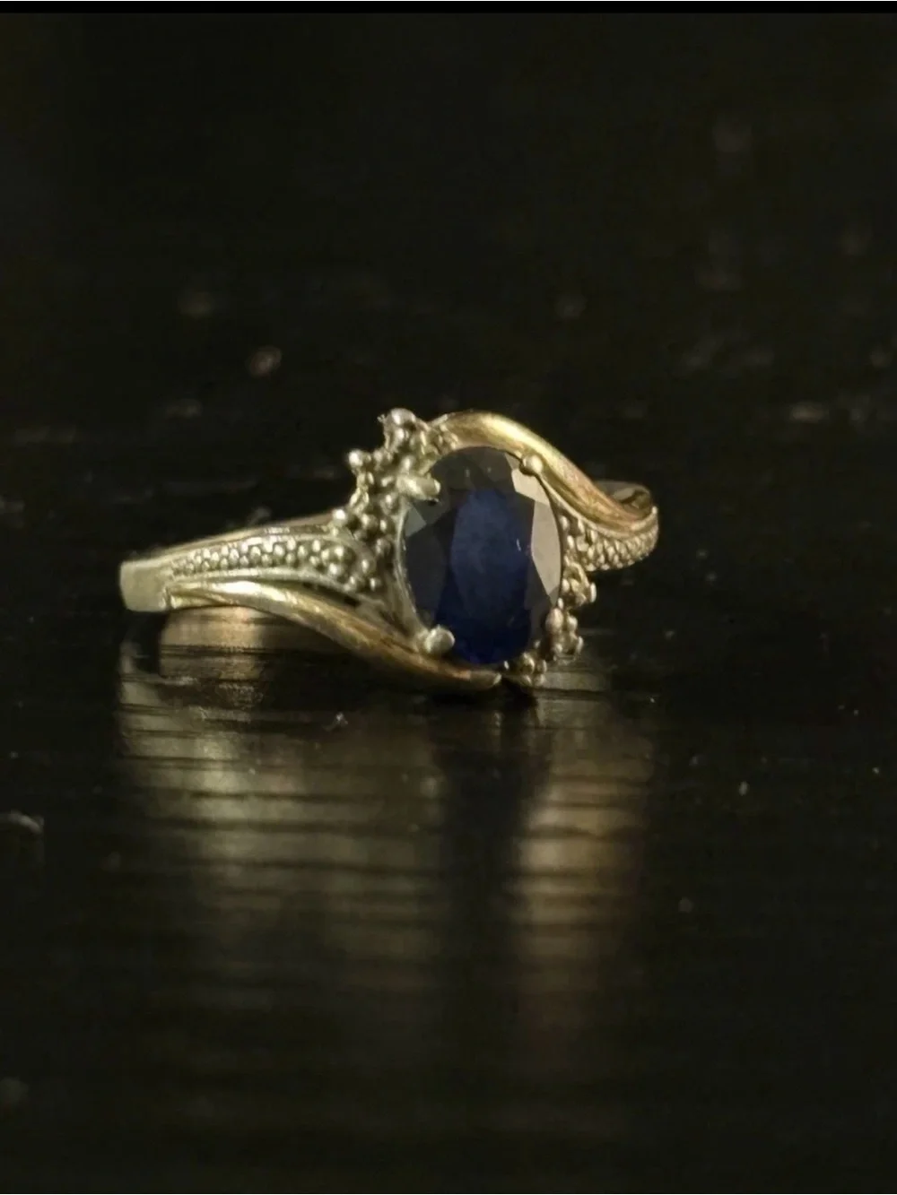Vintage 925 Sterling Silver 10K Gold Genuine Oval Blue Sapphire Ring Size 7